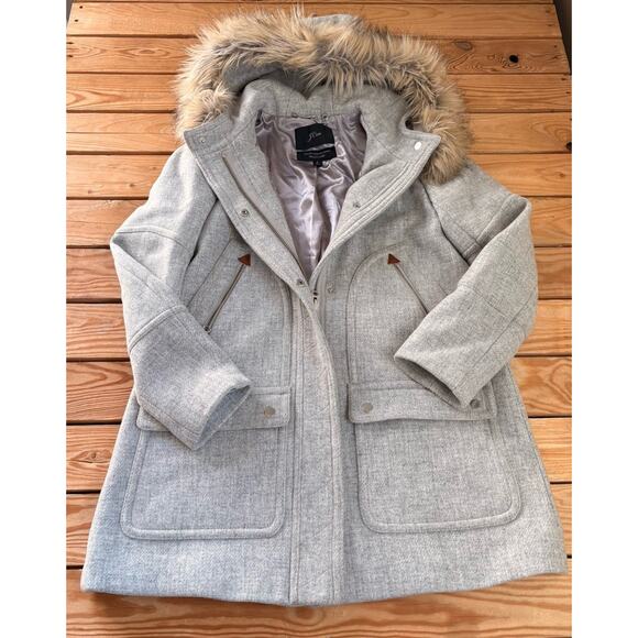 J Crew Nello Gori Wool Faux fur hood Full zip Peacoat Parka size 6 Grey Z2 - Picture 2 of 11
